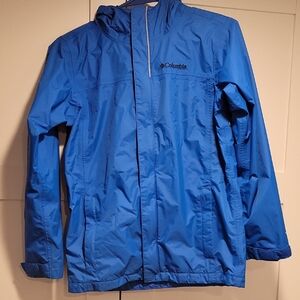 Columbia Blue Raincoat with High Collar and Water-Resistant Fabric